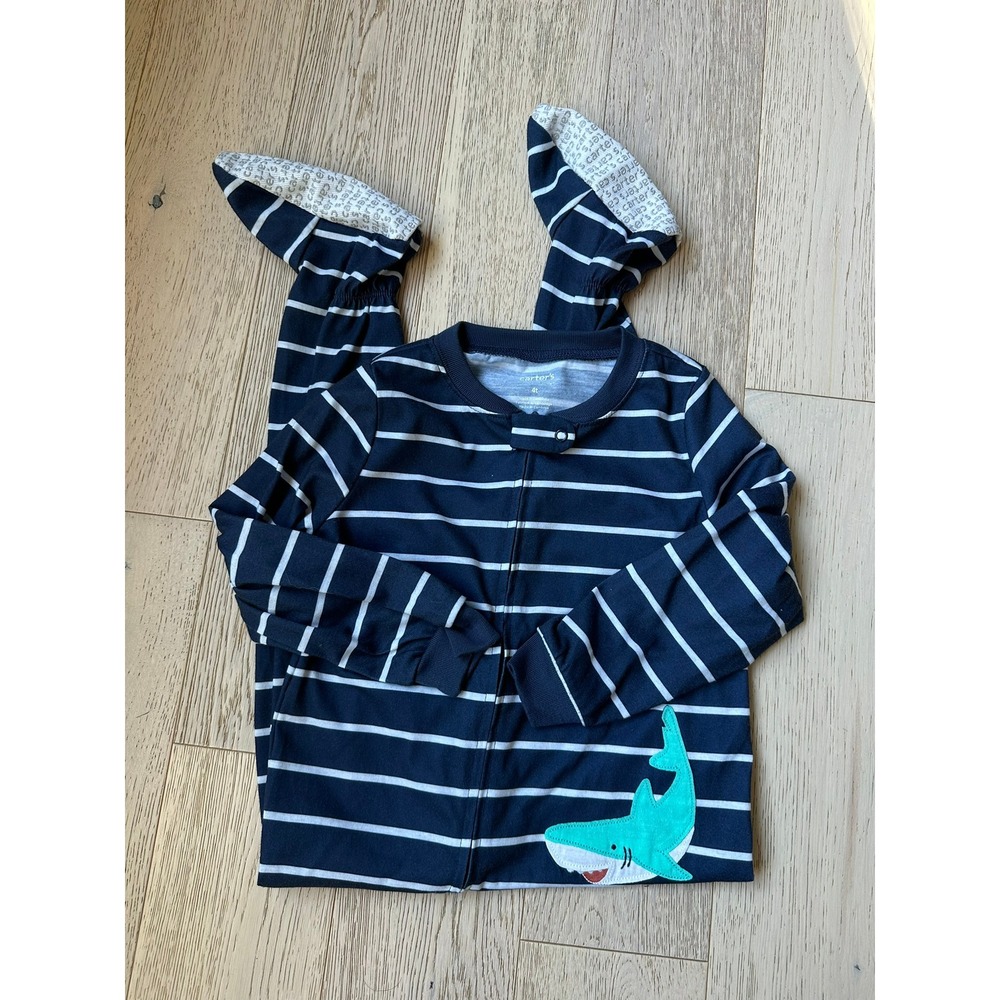 Carters Just One You Toddler Boys Navy Striped Shark Footed Pajamas 4T
